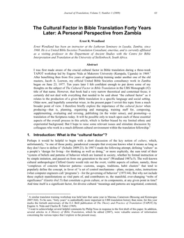 The Cultural Factor in Bible Translation Forty Years Later: a Personal Perspective from Zambia