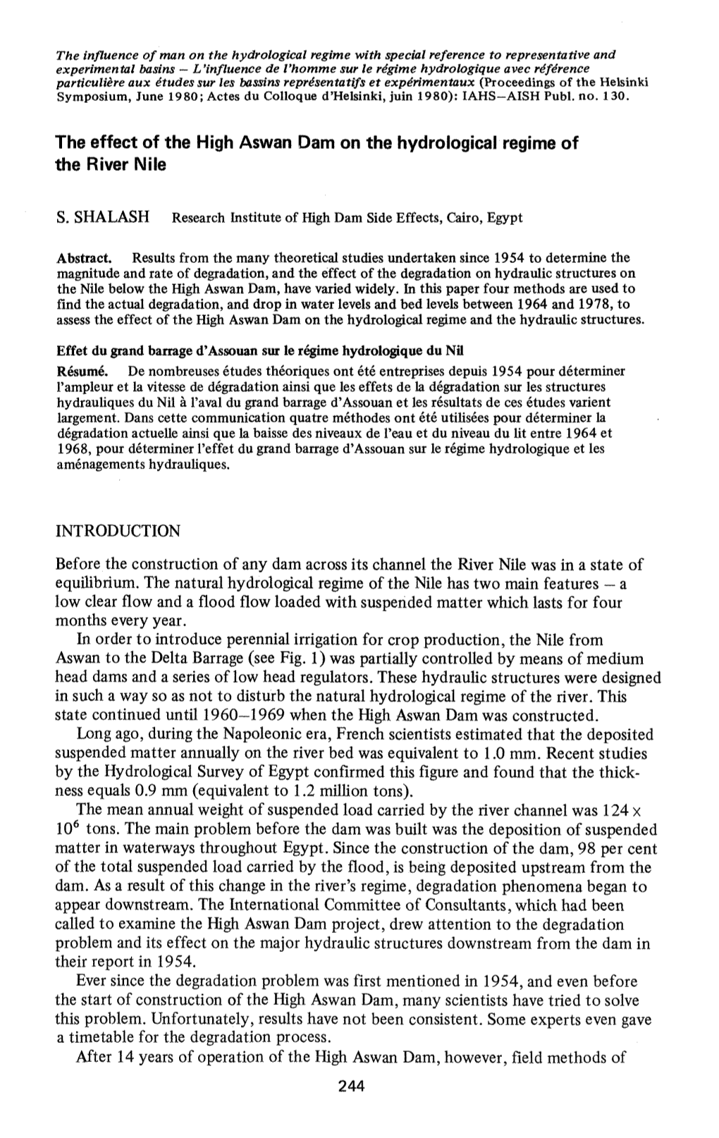 The Effect of the High Aswan Dam on the Hydrological Regime of the River Nile