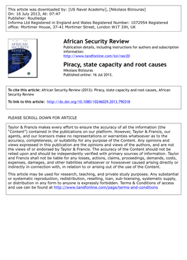 Piracy, State Capacity and Root Causes Nikolaos Biziouras Published Online: 16 Jul 2013