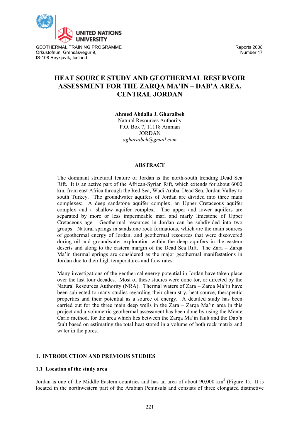 Heat Source Study and Geothermal Reservoir Assessment for the Zarqa Ma’In – Dab’A Area, Central Jordan