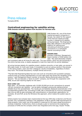 Centralized Engineering for Satellite Wiring OHB Chooses Software System from Aucotec for Harness Area