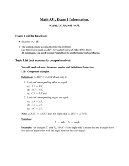 Math 531, Exam 1 Information