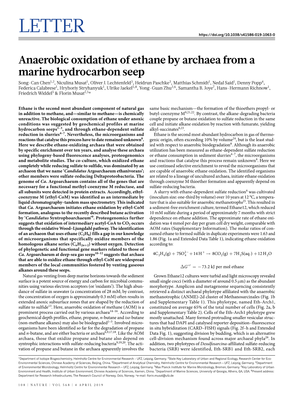 Anaerobic Oxidation of Ethane by Archaea from a Marine Hydrocarbon Seep Song-Can Chen1,2, Niculina Musat1, Oliver J