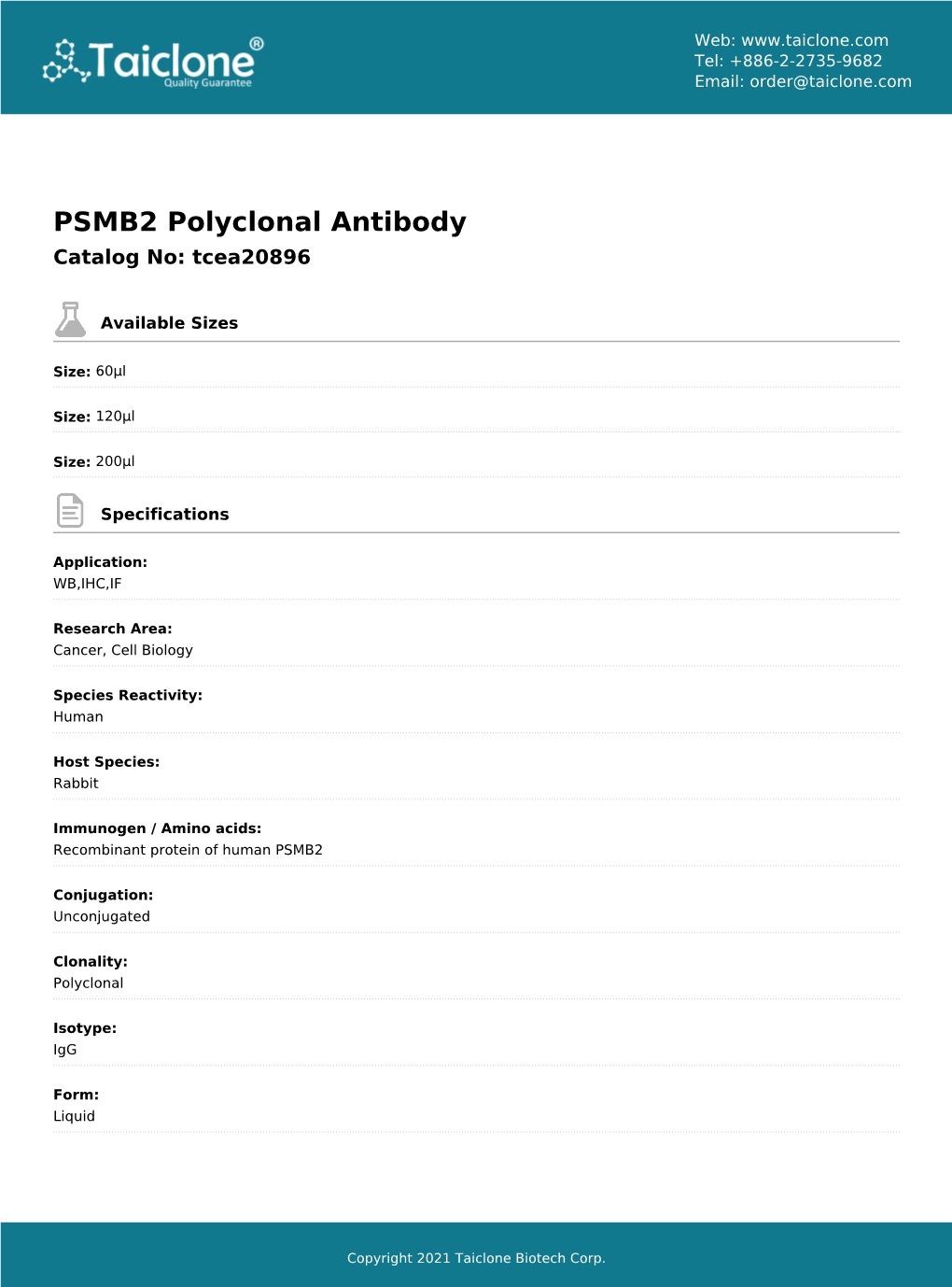 PSMB2 Polyclonal Antibody Catalog No: Tcea20896