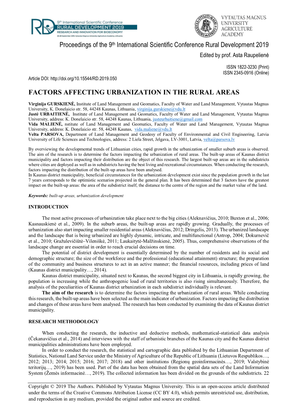 Proceedings of the 9Th International Scientific Conference Rural Development 2019 Edited by Prof