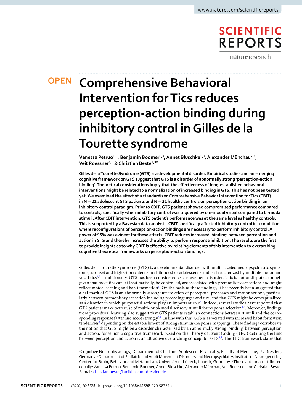 Comprehensive Behavioral Intervention for Tics Reduces