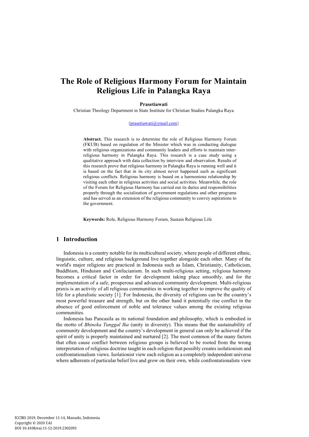The Role of Religious Harmony Forum for Maintain Religious Life in Palangka Raya