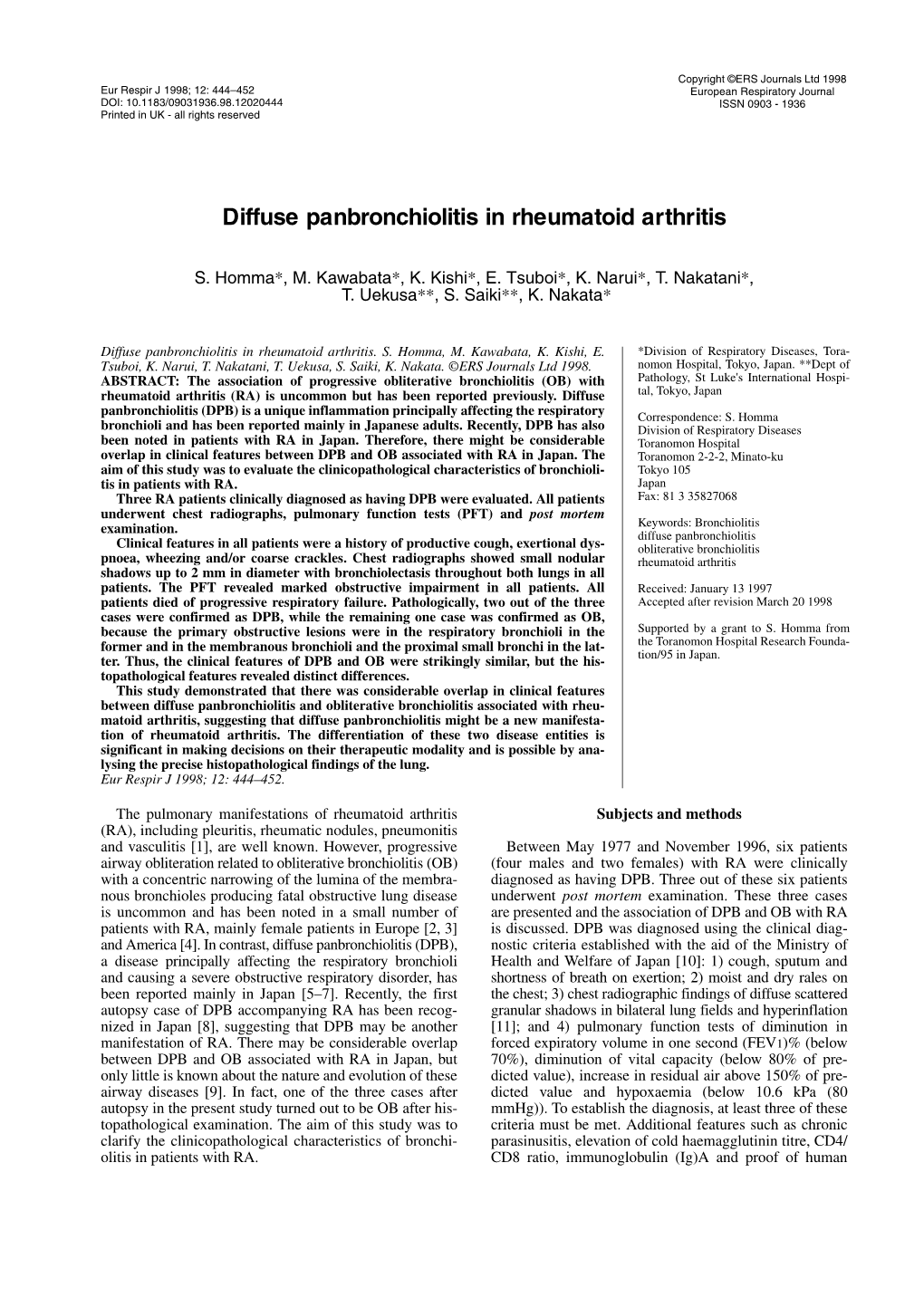 Diffuse Panbronchiolitis in Rheumatoid Arthritis