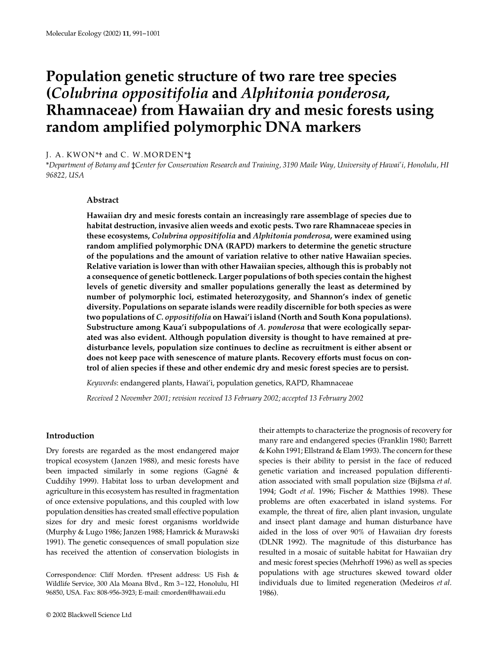 Population Genetic Structure of Two Rare Tree Species (Colubrina