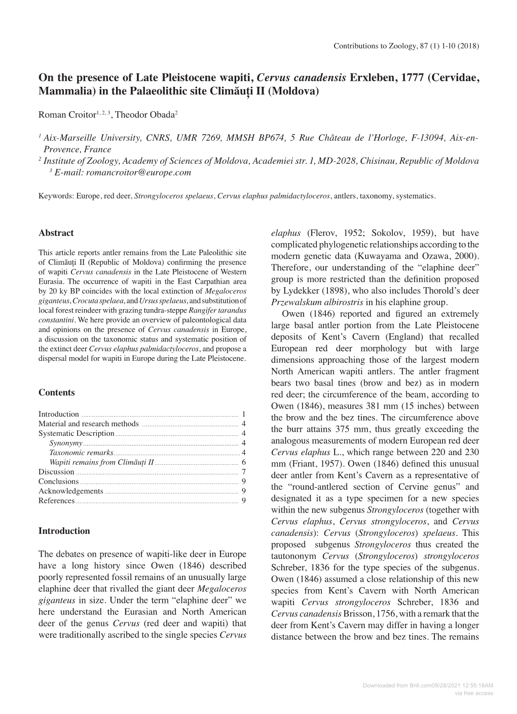 Downloaded from Brill.Com09/28/2021 12:55:18AM Via Free Access 2 Croitor and Obada – Late Pleistocene Wapiti in Moldova