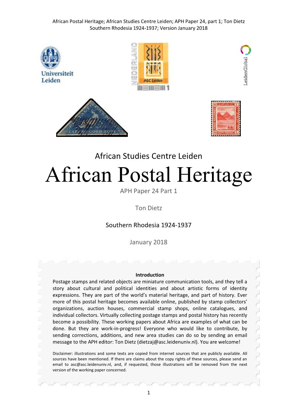 African Postal Heritage; African Studies Centre Leiden; APH Paper 24, Part 1; Ton Dietz Southern Rhodesia 1924-1937; Version January 2018