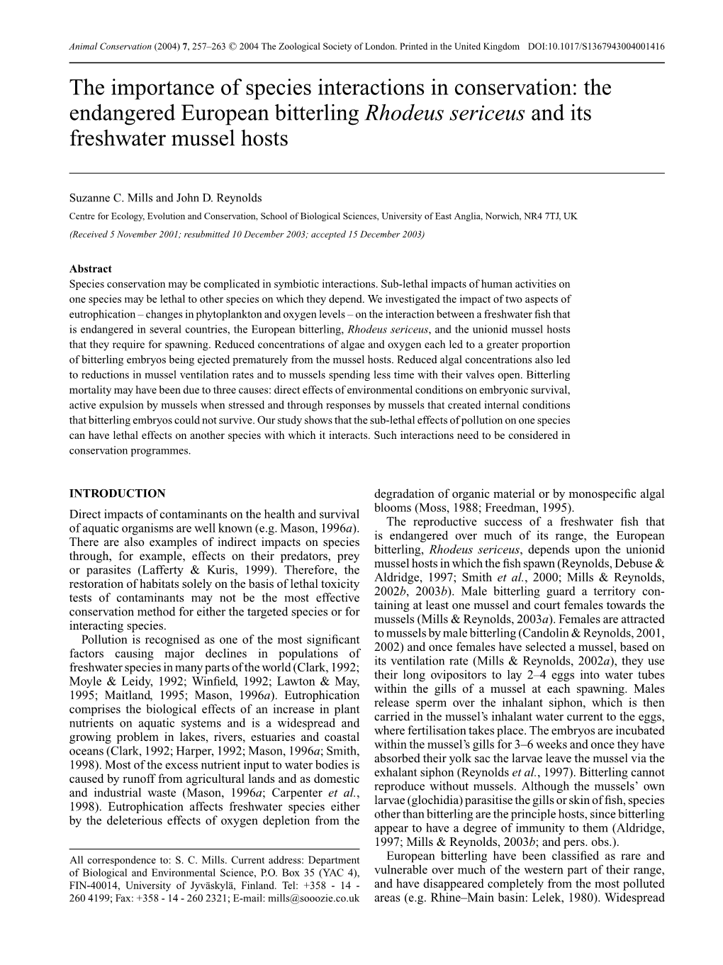 The Importance of Species Interactions in Conservation: the Endangered European Bitterling Rhodeus Sericeus and Its Freshwater Mussel Hosts