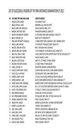 List of Successful Passers of the Pma Entrance Examination Cy 2011