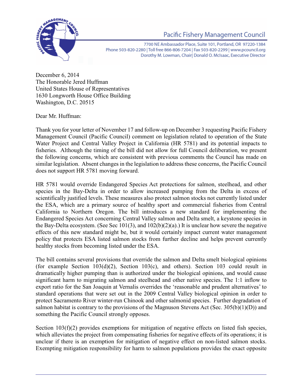 Dec 2014 Letter to Rep Huffman on California Water Bill