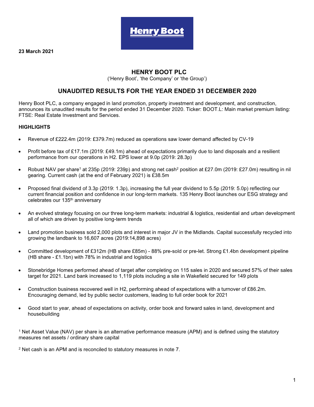 Henry Boot Plc Unaudited Results for the Year Ended