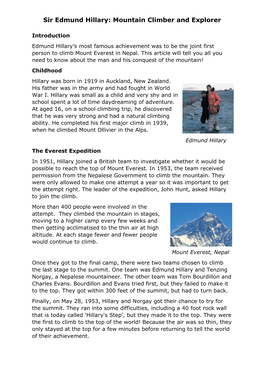 Sir Edmund Hillary: Mountain Climber and Explorer
