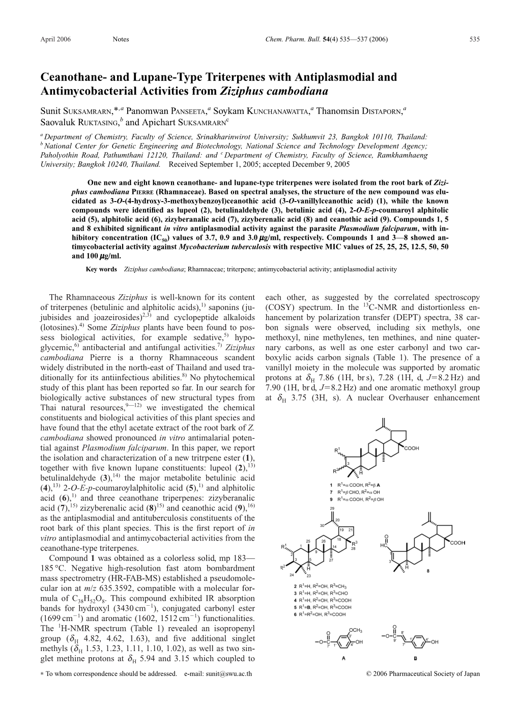 Ceanothane-And Lupane-Type Triterpenes with Antiplasmodial And