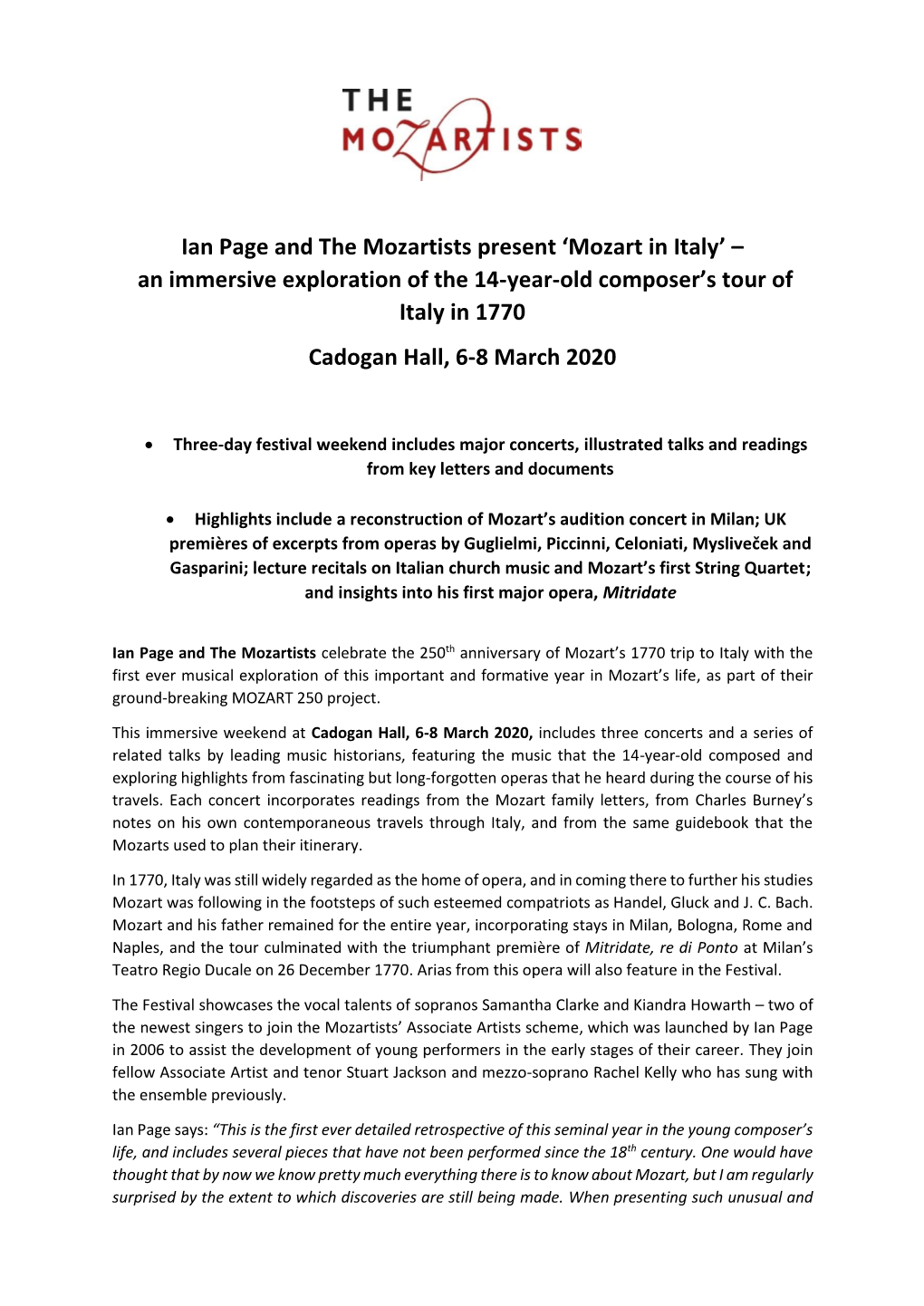 Mozart in Italy’ – an Immersive Exploration of the 14-Year-Old Composer’S Tour of Italy in 1770 Cadogan Hall, 6-8 March 2020