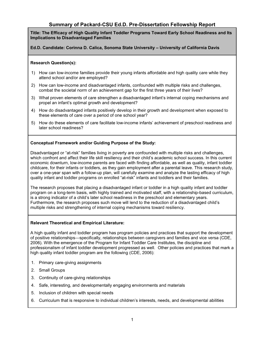 Summary of Packard-CSU Ed.D. Pre-Dissertation Fellowship Report