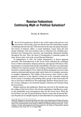 Russian Federalism: Continuing Myth Or Political Salvation?