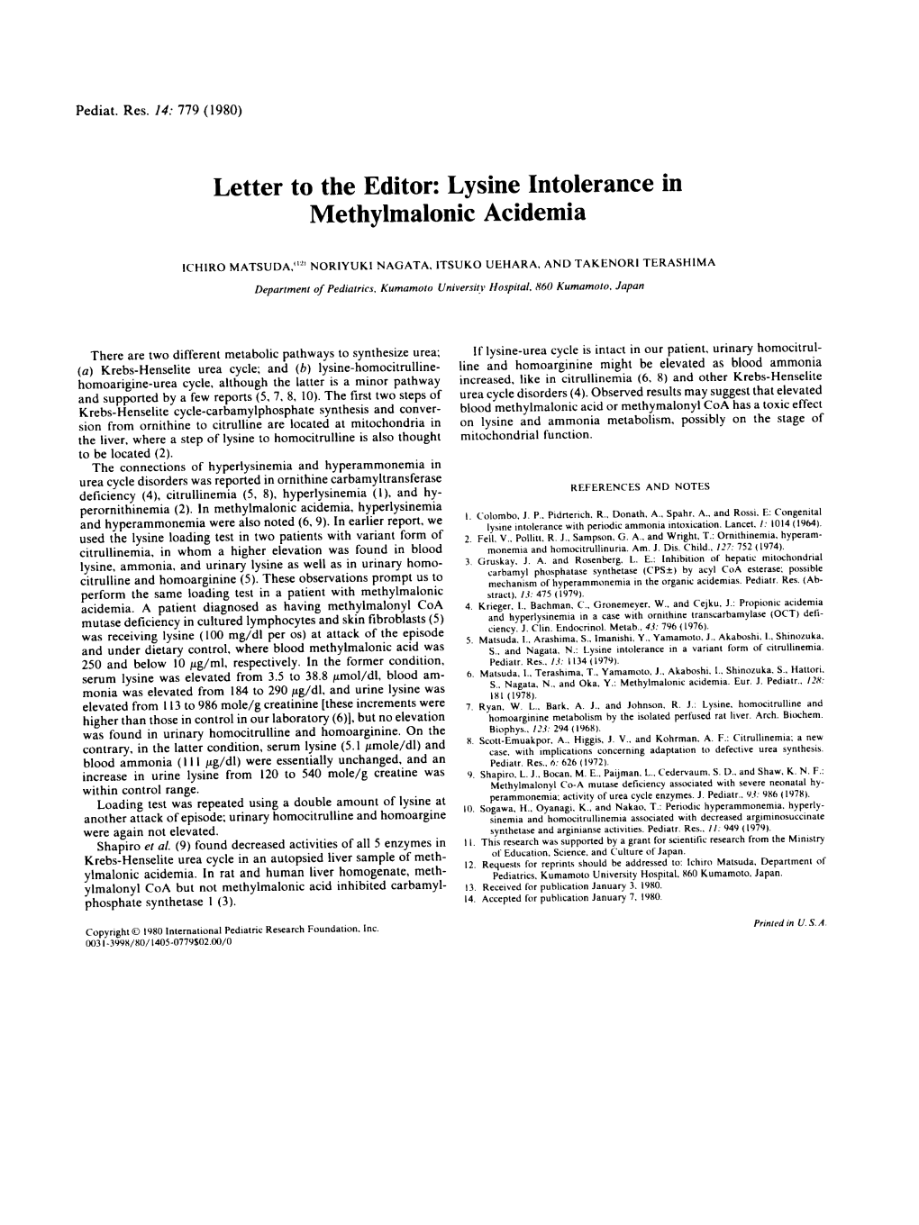 Letter to the Editor: Lysine Intolerance in Methylmalonic Acidemia