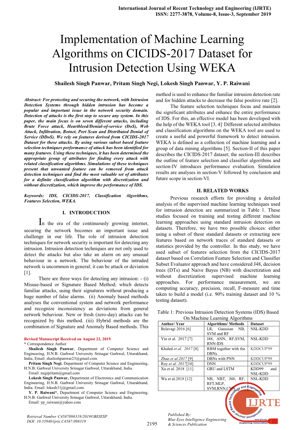 Implementation of Machine Learning Algorithms on CICIDS-2017 Dataset for Intrusion Detection Using WEKA