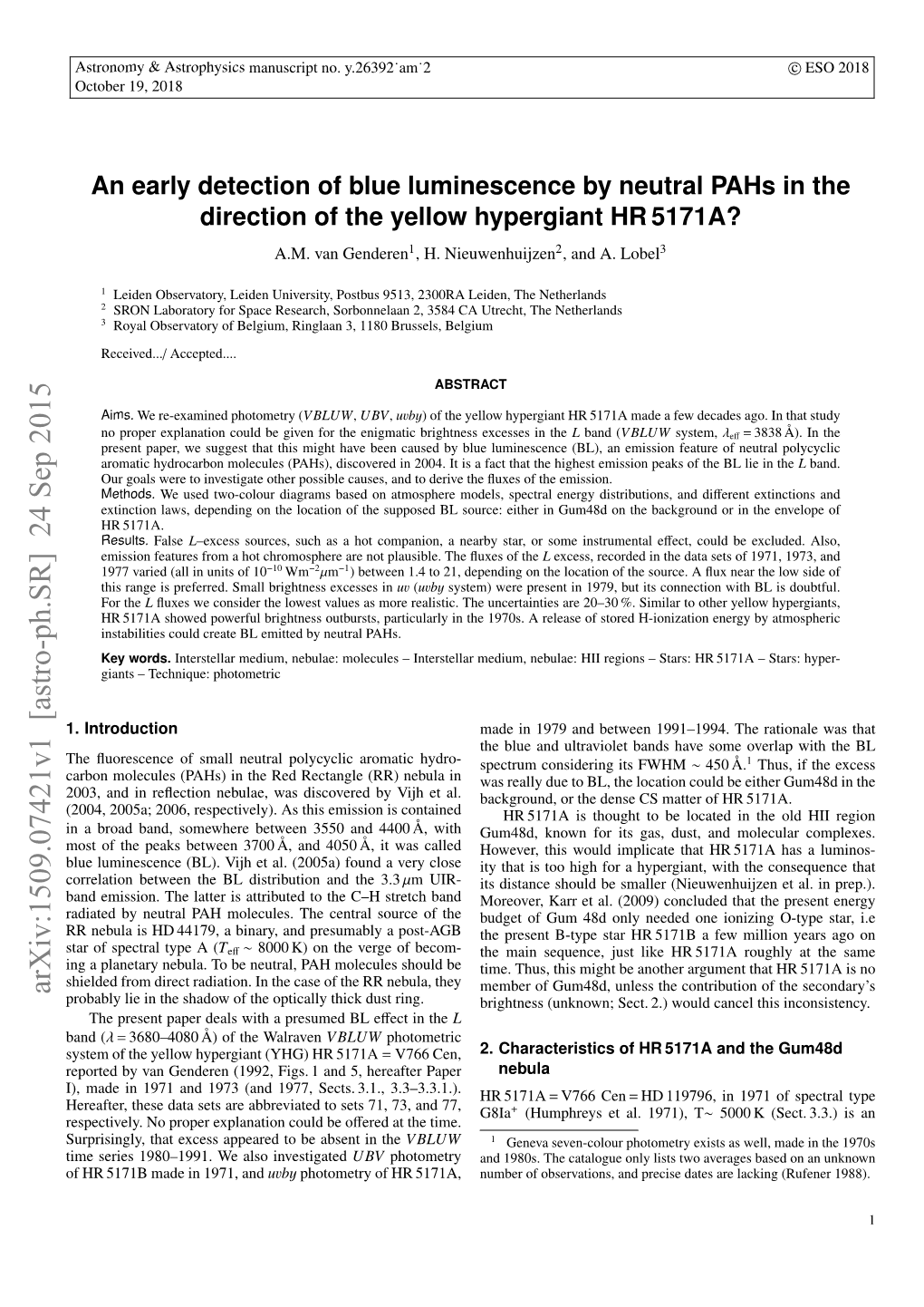 An Early Detection of Blue Luminescence by Neutral Pahs in the Direction of the Yellow Hypergiant HR 5171A? A.M