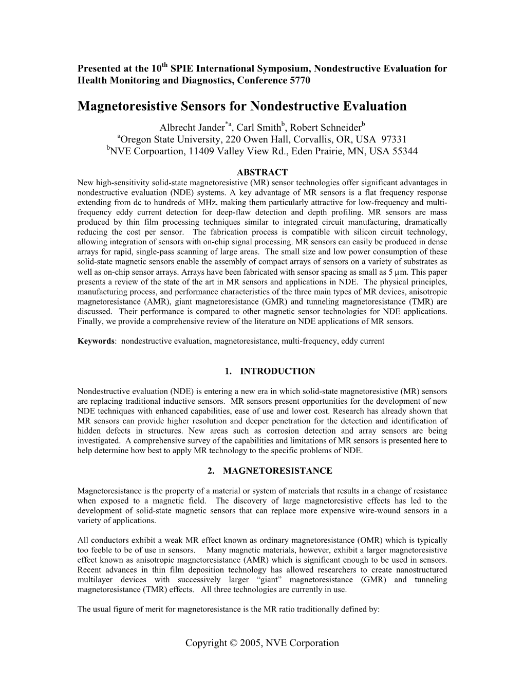 Magnetoresistive Sensors for Nondestructive Evaluation