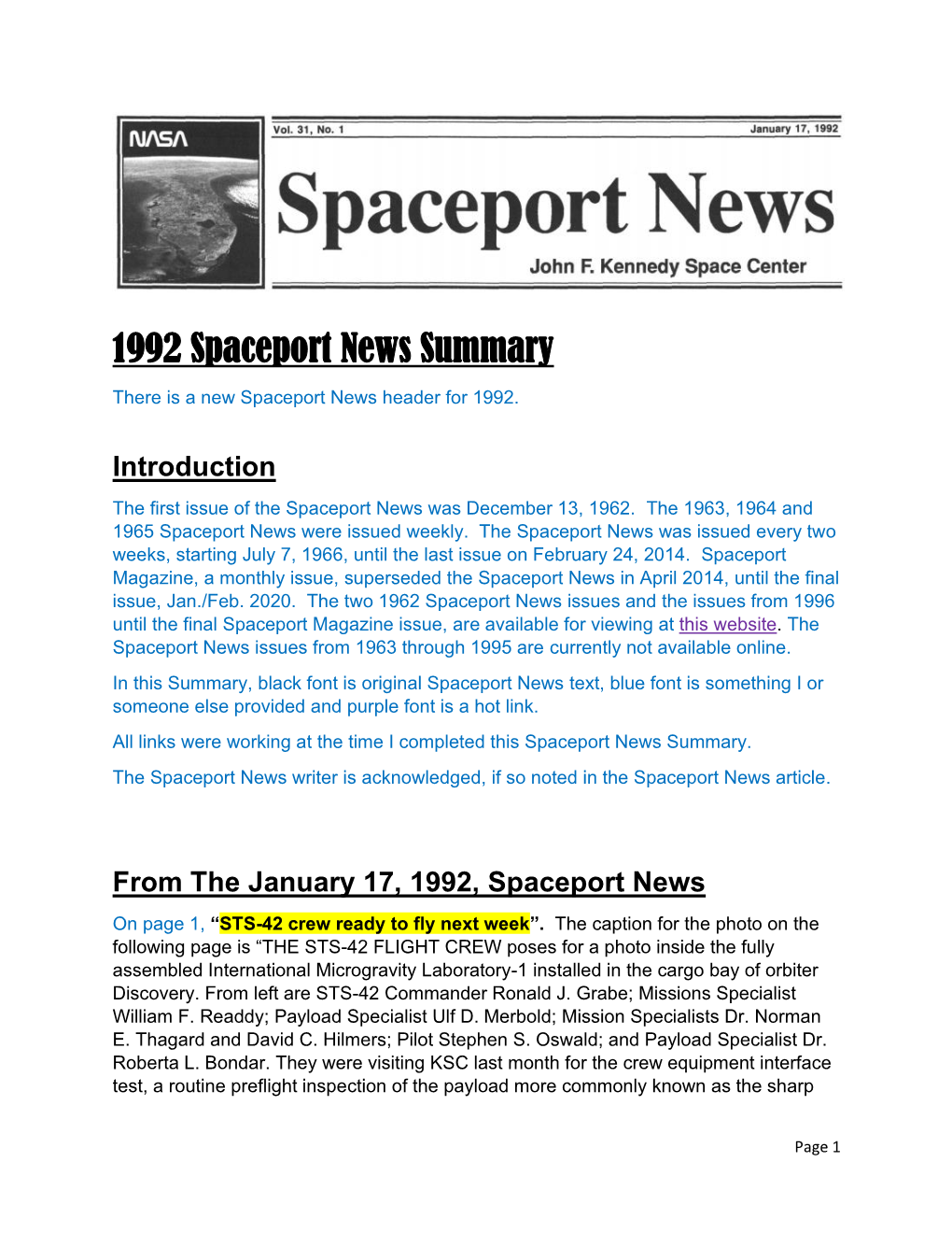 1992 Spaceport News Summary