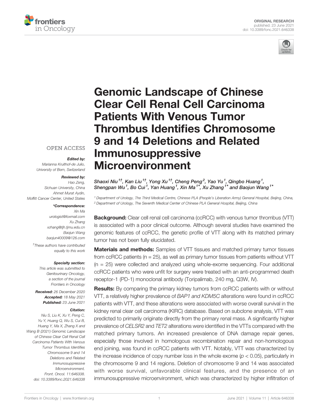 Genomic Landscape of Chinese Clear Cell Renal Cell Carcinoma Patients with Venous Tumor Thrombus Identiﬁes Chromosome 9 and 14 Deletions and Related