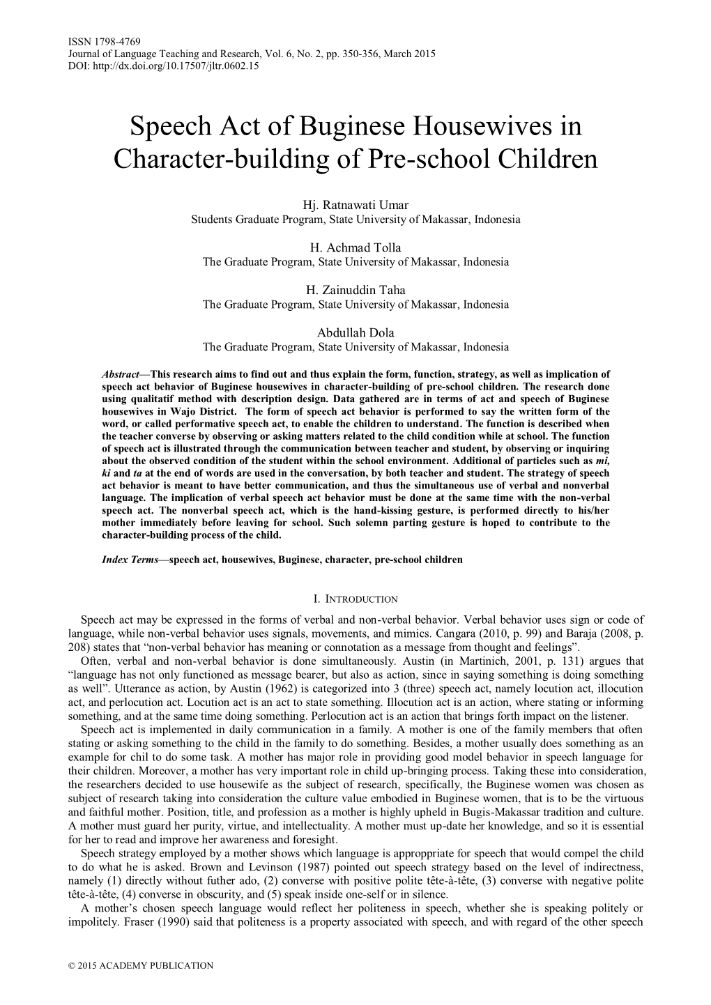 Speech Act of Buginese Housewives in Character-Building of Pre-School Children