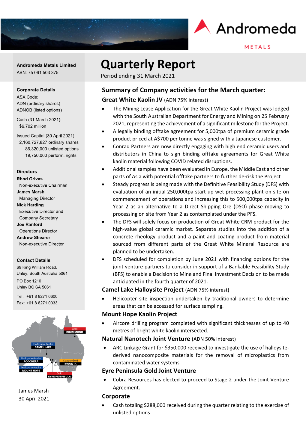 March 2021 Quarterly Activities Report