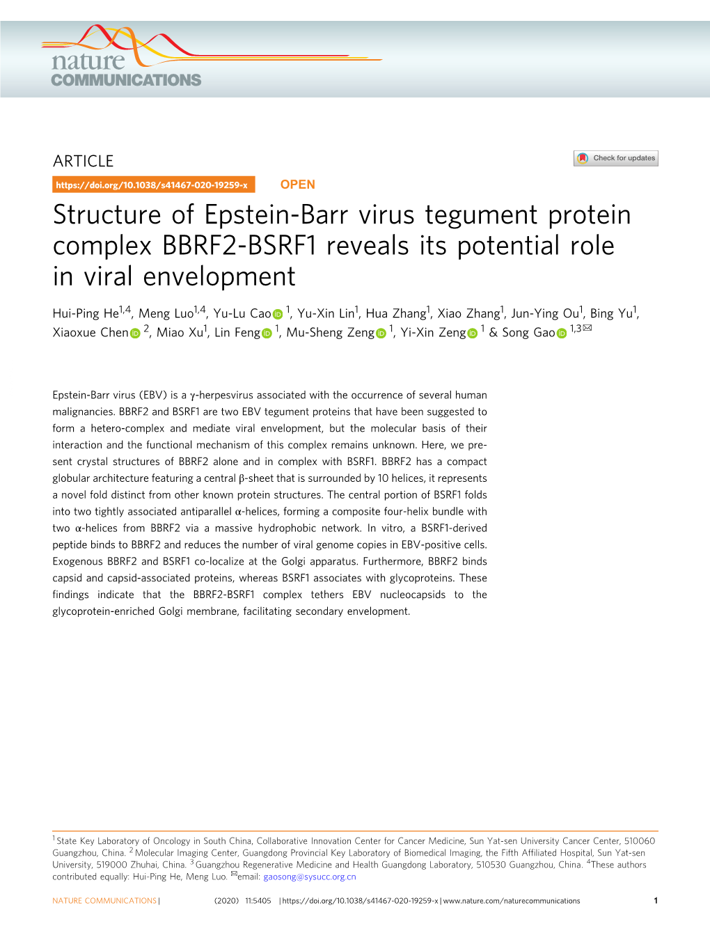 Structure of Epstein-Barr Virus Tegument Protein Complex BBRF2-BSRF1 Reveals Its Potential Role in Viral Envelopment