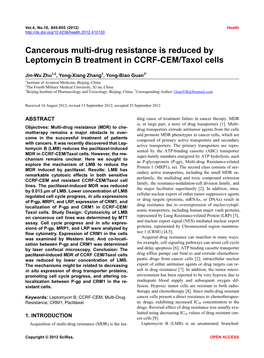 Cancerous Multi-Drug Resistance Is Reduced by Leptomycin B Treatment in CCRF-CEM/Taxol Cellscancerous Multi-Drug Resistance Is R