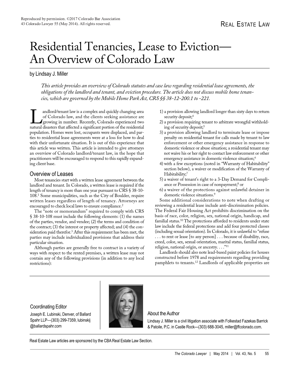 Residential Tenancies, Lease to Eviction— an Overview of Colorado Law by Lindsay J