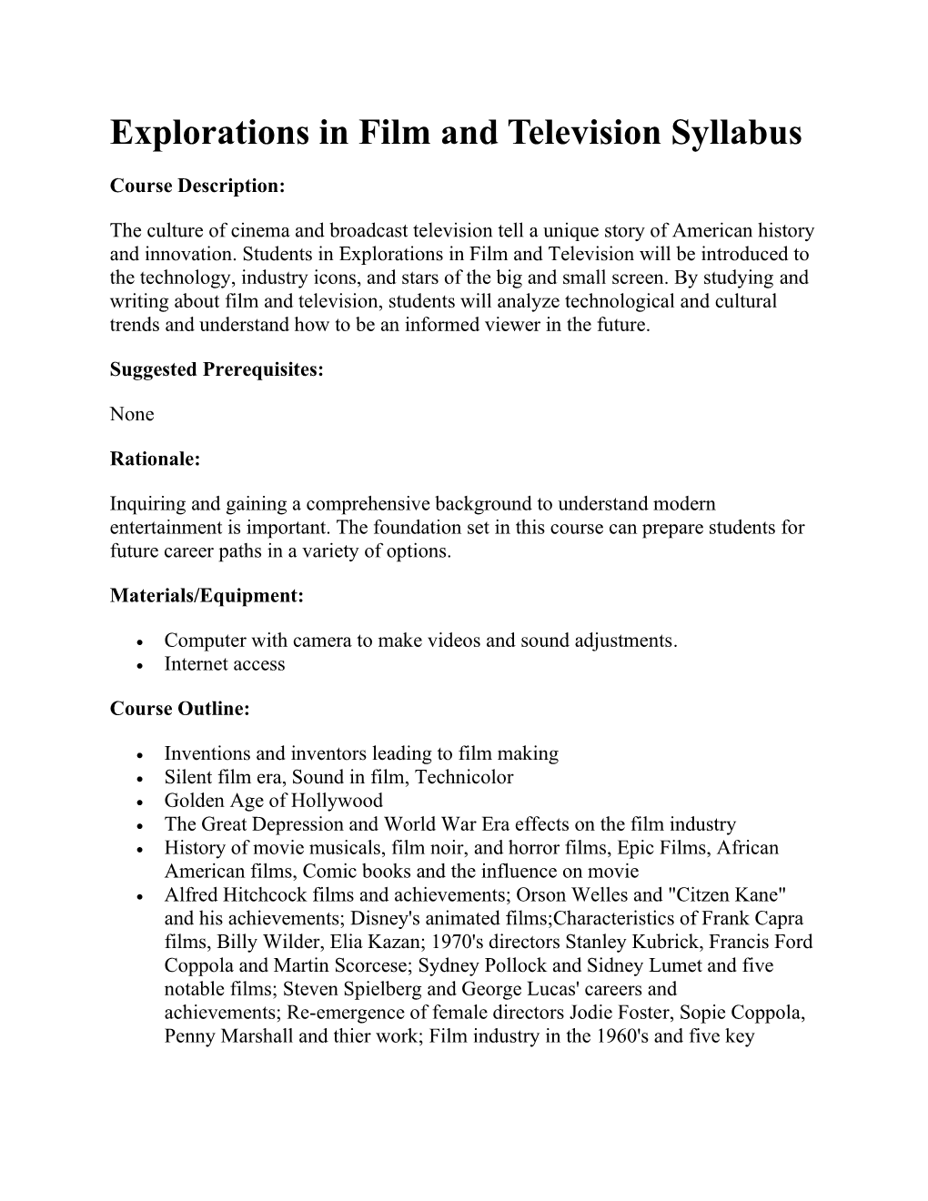 Explorations in Film and Television Syllabus