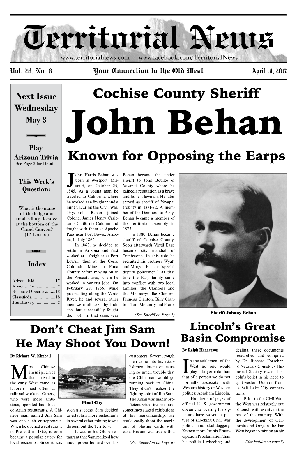 Cochise County Sheriff Wednesday May 3 John Behan Play Arizona Trivia Known for Opposing the Earps See Page 2 for Details