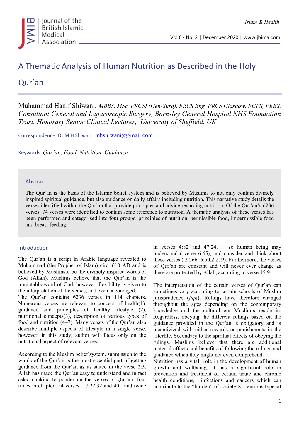 A Thematic Analysis of Human Nutrition As Described in the Holy Qur’An