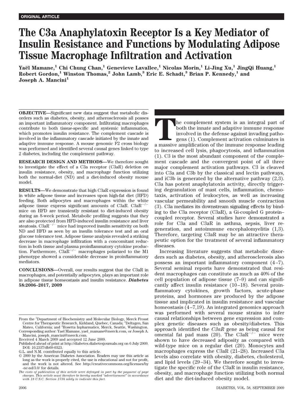 The C3a Anaphylatoxin Receptor Is a Key Mediator of Insulin Resistance and Functions by Modulating Adipose Tissue Macrophage