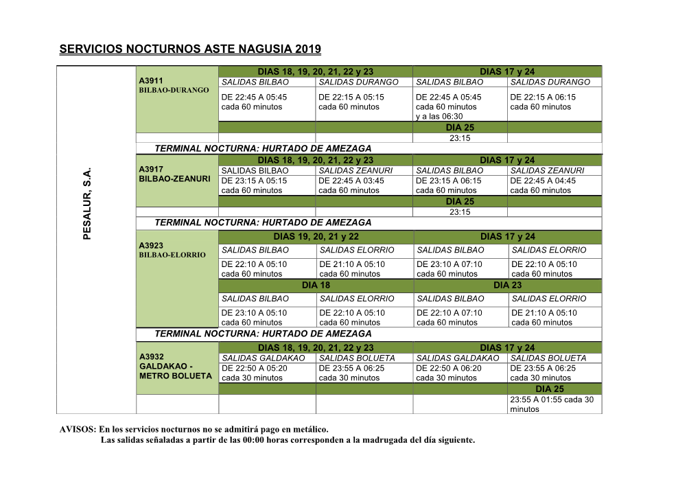 Servicios Nocturnos Aste Nagusia 2019