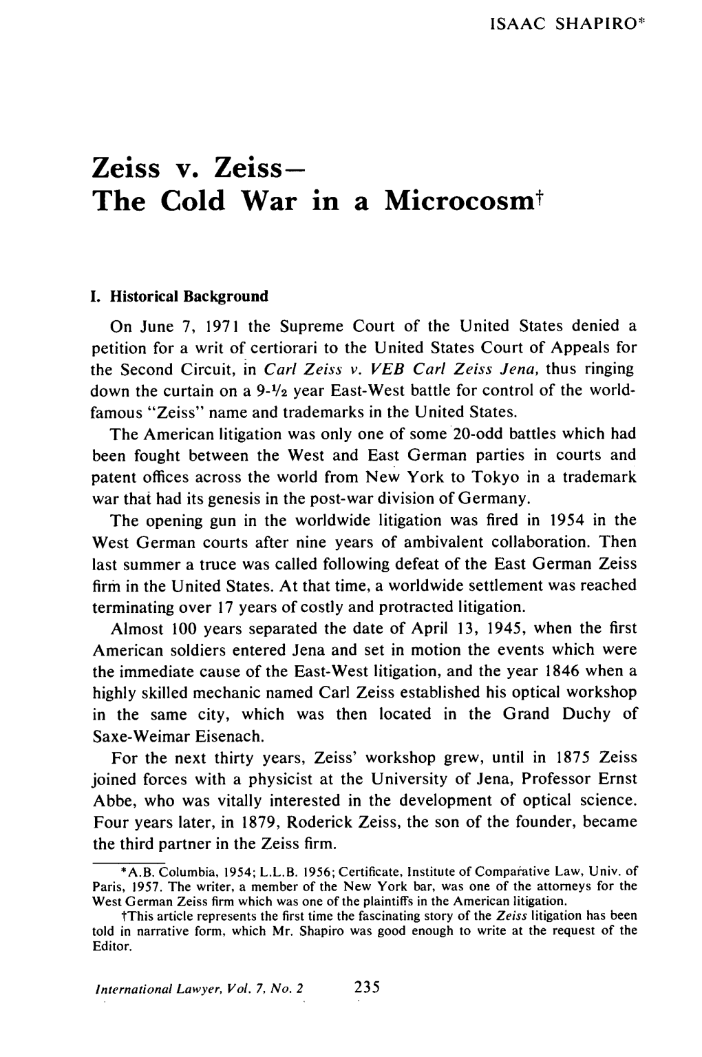 Zeiss V. Zeiss- the Cold War in a Microcosmt