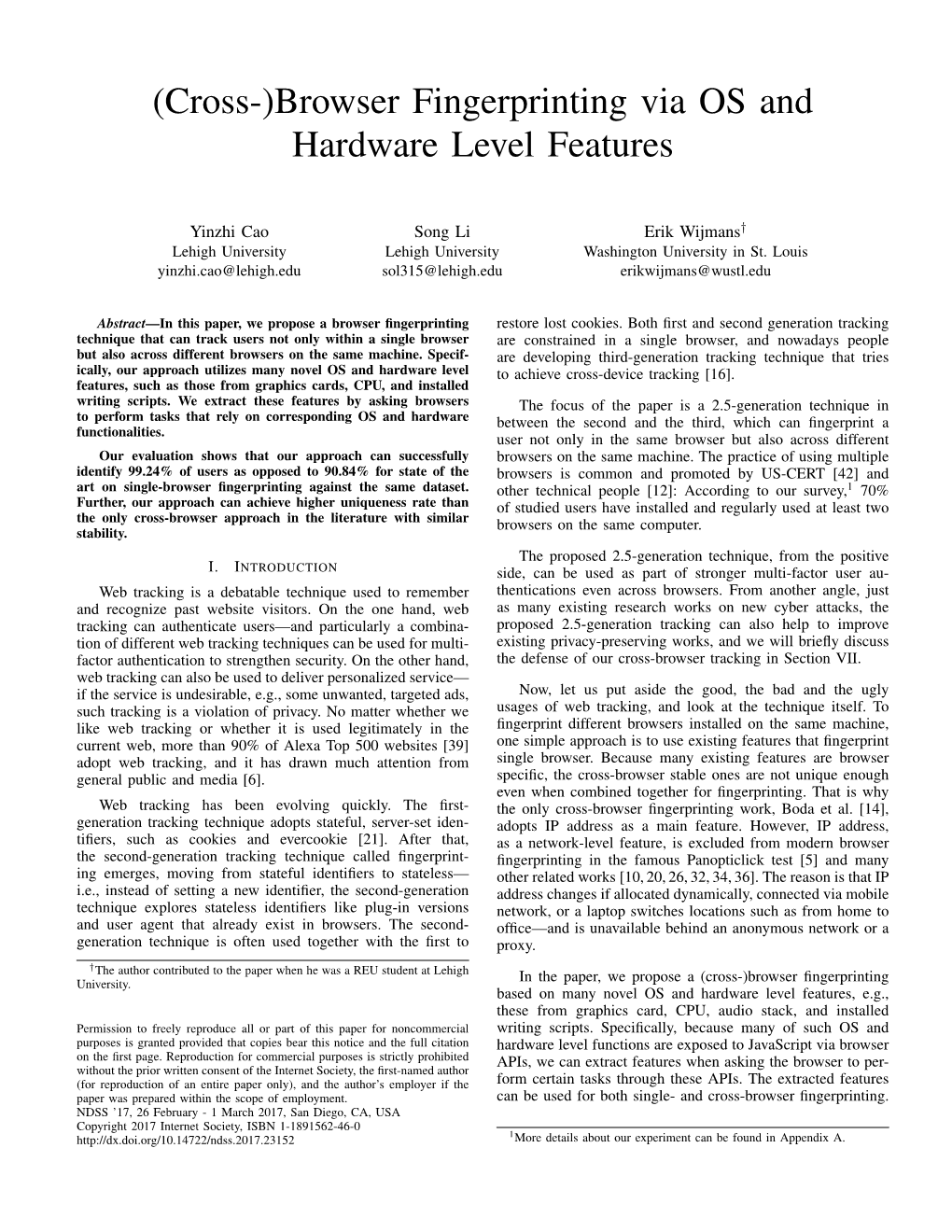 (Cross-)Browser Fingerprinting Via OS and Hardware Level Features