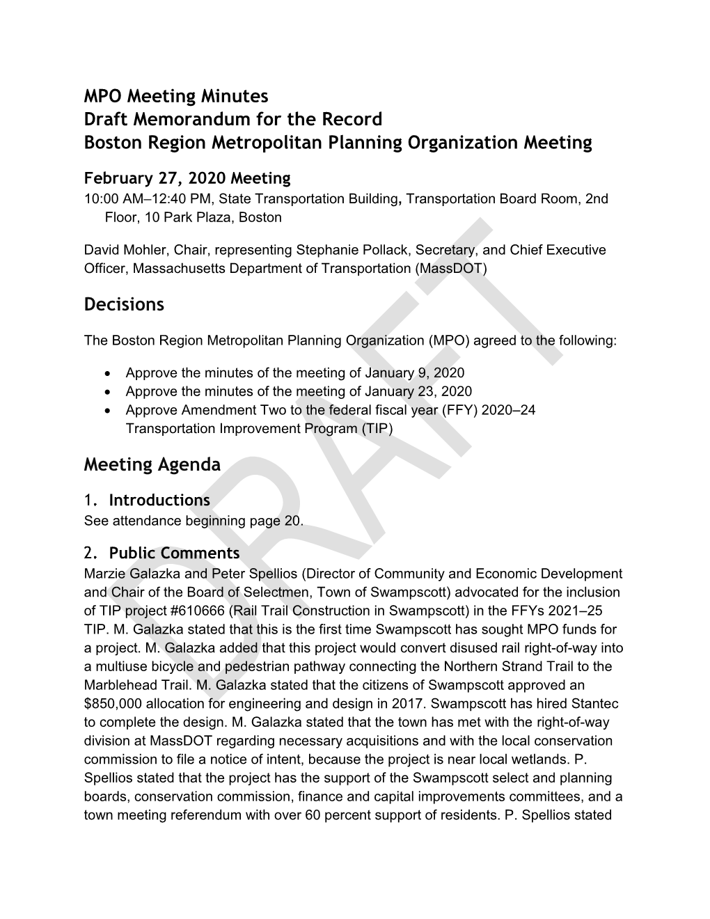 Meeting Minutes Draft Memorandum for the Record Boston Region Metropolitan Planning Organization Meeting