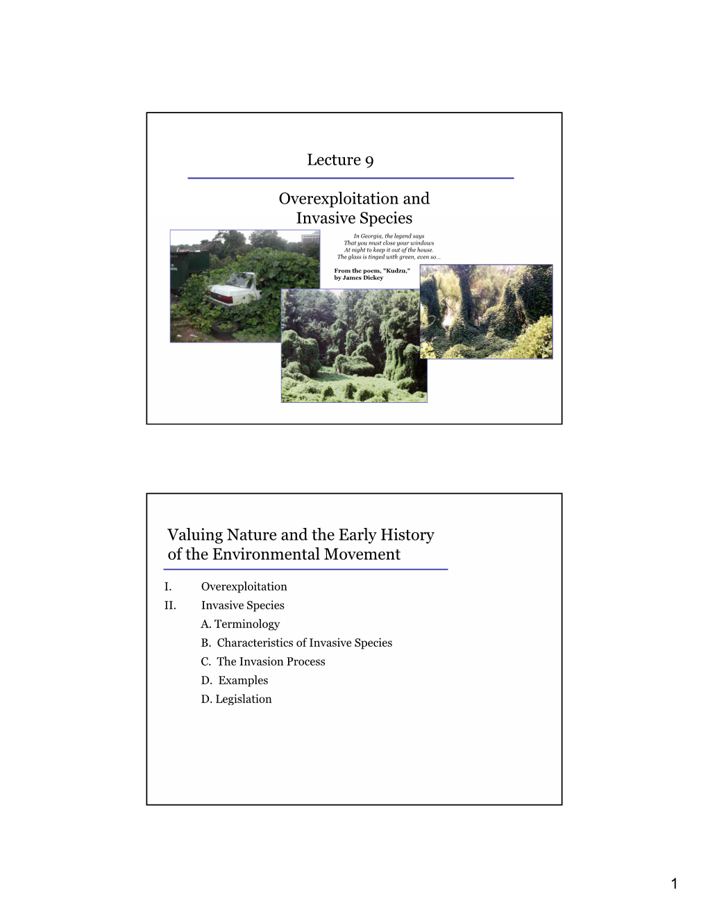 Lecture 9 Overexploitation and Invasive Species Valuing Nature