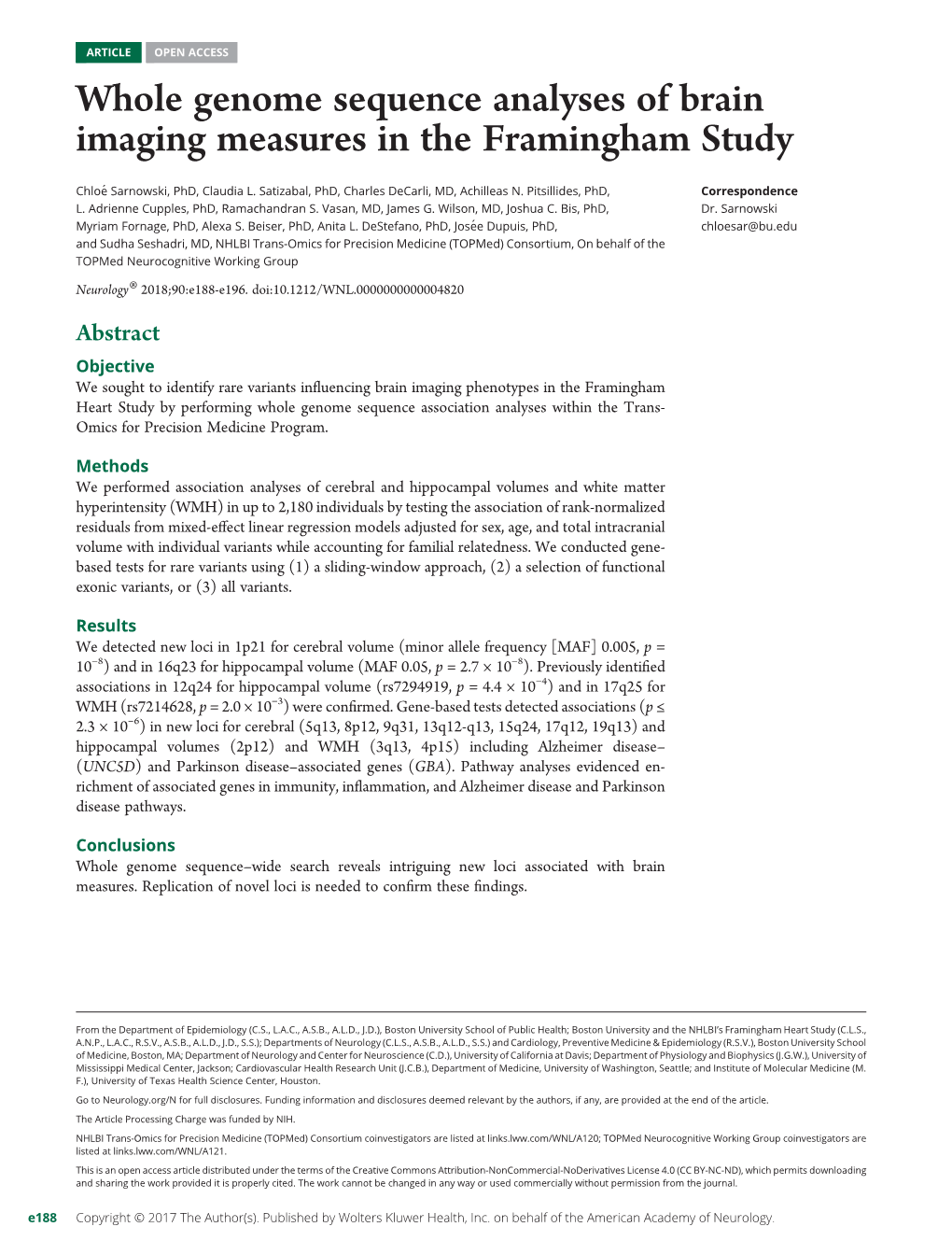 Whole Genome Sequence Analyses of Brain Imaging Measures in the Framingham Study