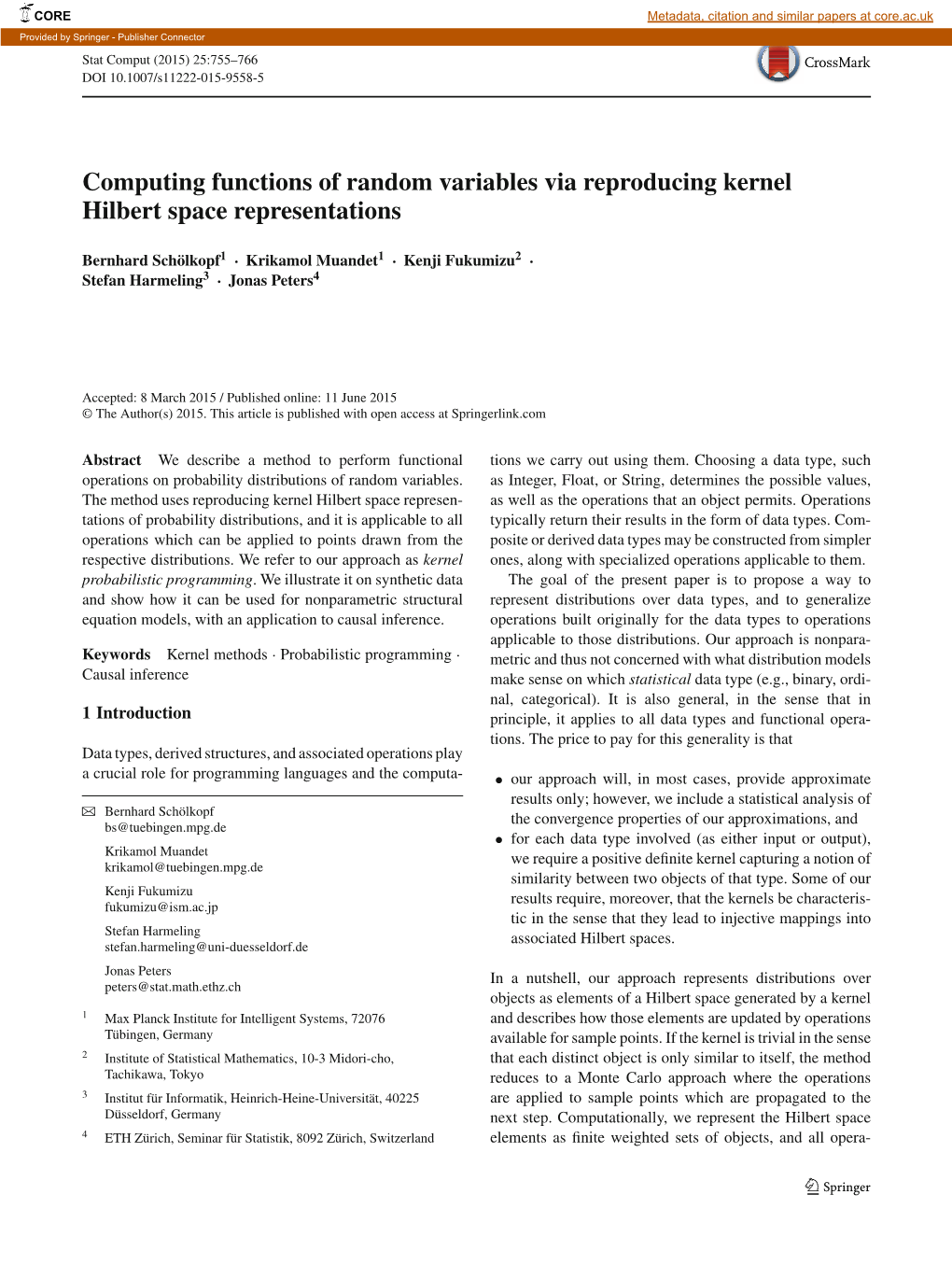 Computing Functions of Random Variables Via Reproducing Kernel Hilbert Space Representations