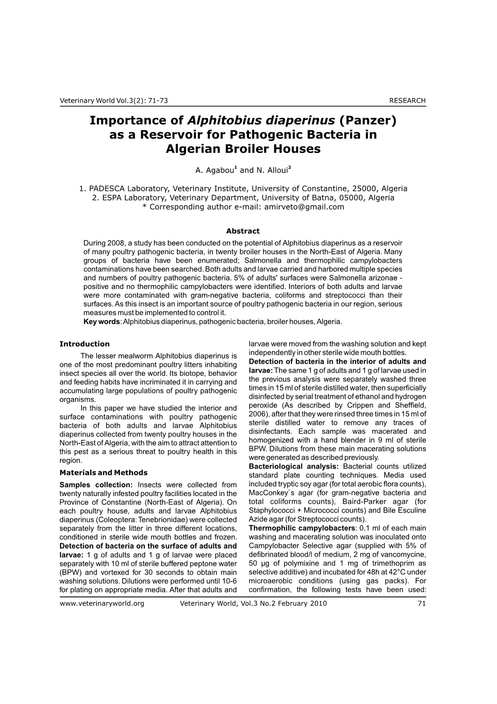 Importance of Alphitobius Diaperinus (Panzer) As a Reservoir for Pathogenic Bacteria in Algerian Broiler Houses