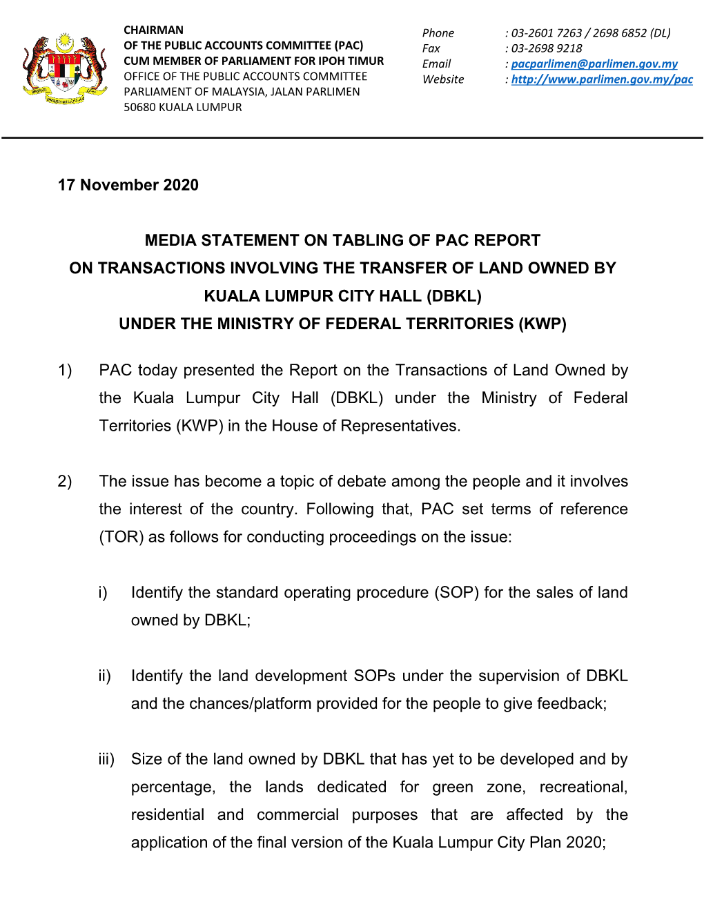 17 November 2020 MEDIA STATEMENT on TABLING of PAC