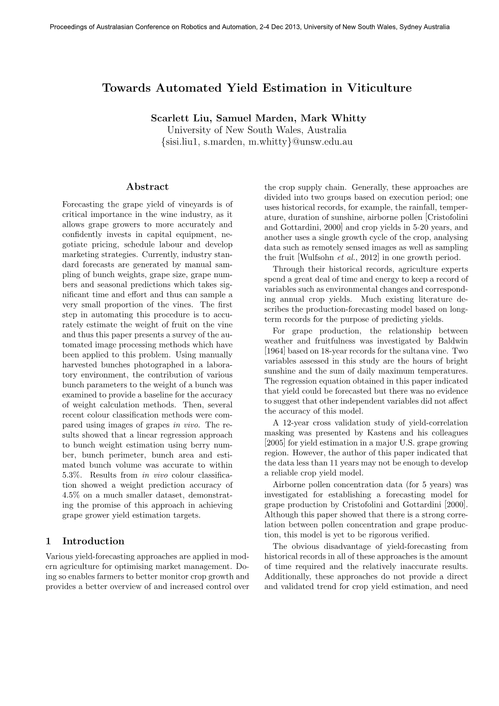 Towards Automated Yield Estimation in Viticulture