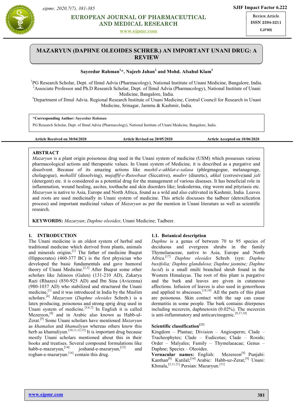 Mazaryun (Daphne Oleoides Schreb.) an Important Unani Drug: a Review